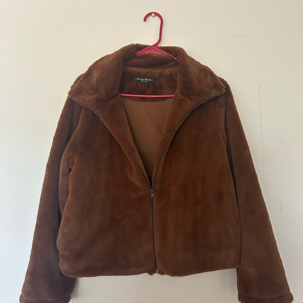 Brown Teddy Jacket with Zipper Front and Collared Neckline
